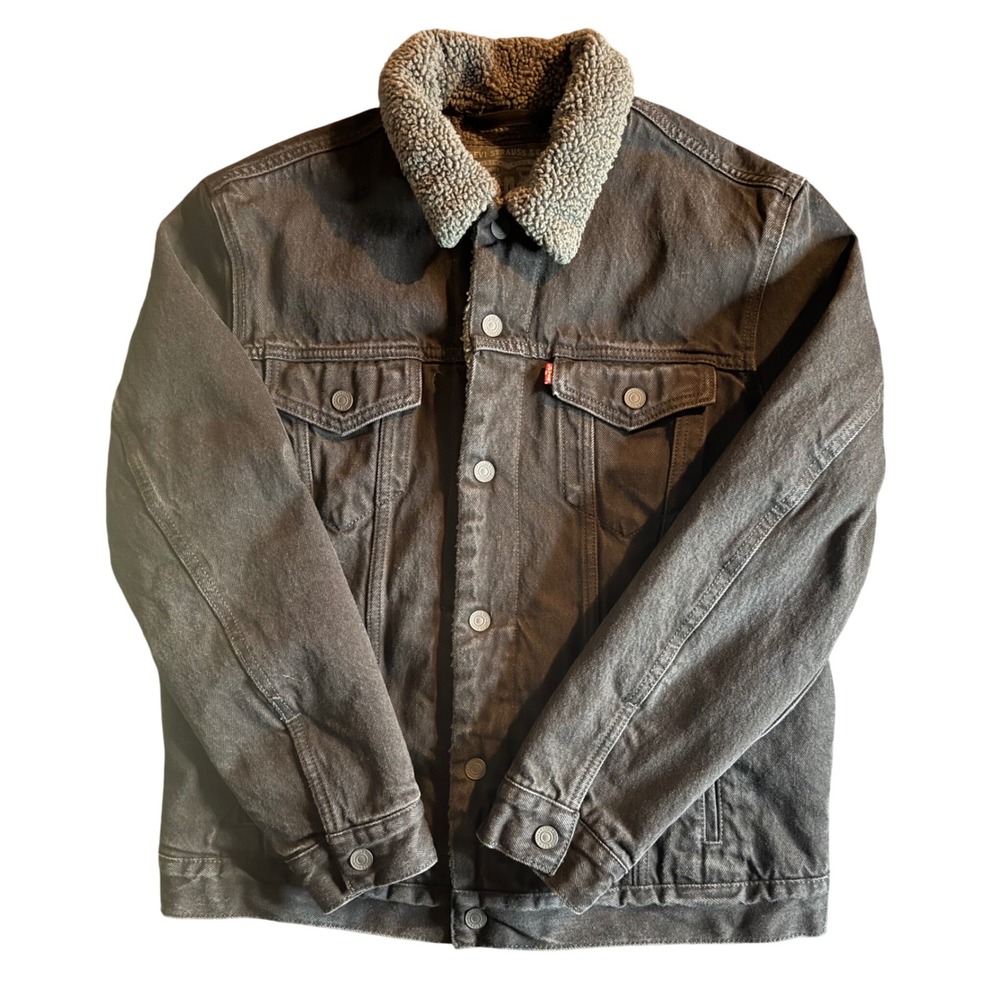 Levi's Sherpa Trucker Jacket Mens Large Black Denim Faux Fur Lined 16365-0054
